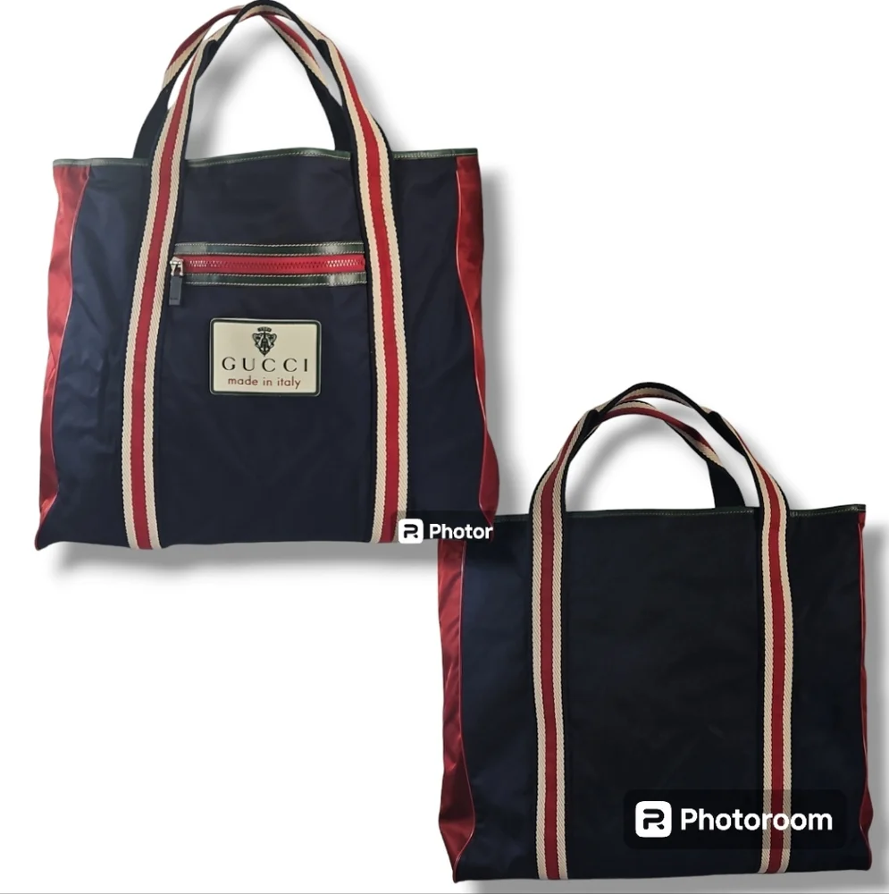 Gucci Vintage Nylon Tote Bag Blue Red Cream NWOT - Picture 7 of 14